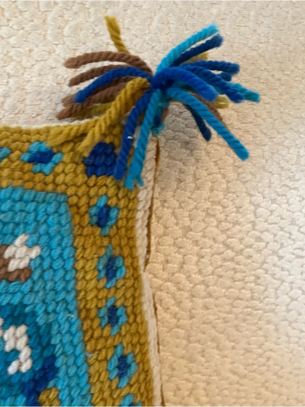 VTG Handmade Needlepoint Throw Pillow Blue Gold Geometric Square Scandi 12 x 12